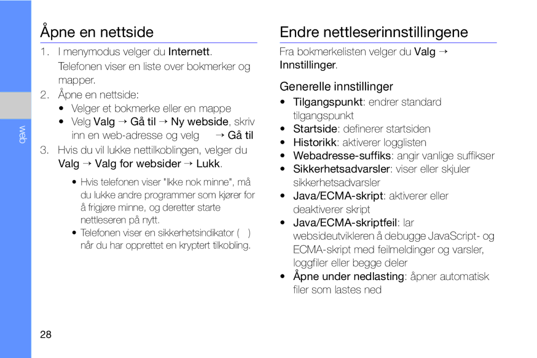 Samsung GT-I8910DKRXEE, GT-I8910DKPXEE manual Åpne en nettside, Endre nettleserinnstillingene, Generelle innstillinger 