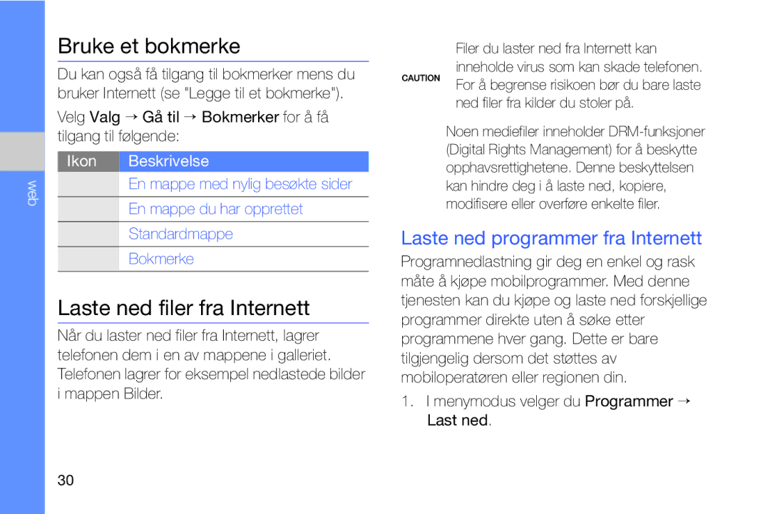 Samsung GT-I8910DKRXEE manual Bruke et bokmerke, Laste ned filer fra Internett, Laste ned programmer fra Internett 