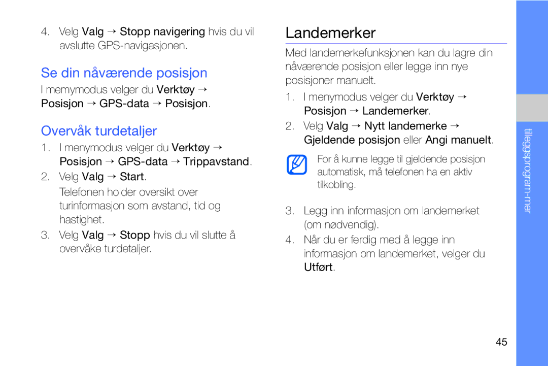 Samsung GT-I8910DKPXEE, GT-I8910DKRXEE manual Landemerker, Se din nåværende posisjon, Overvåk turdetaljer 