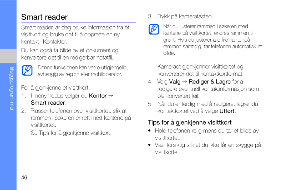 Samsung GT-I8910DKRXEE, GT-I8910DKPXEE manual Smart reader, Tips for å gjenkjenne visittkort 
