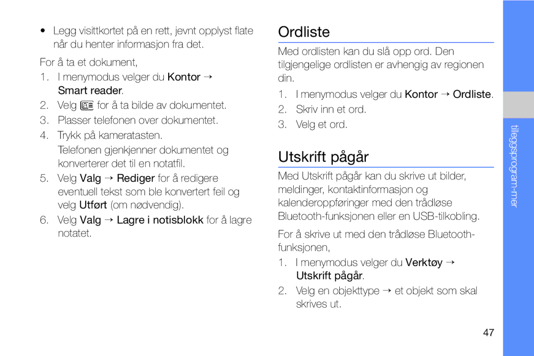 Samsung GT-I8910DKPXEE, GT-I8910DKRXEE manual Ordliste, Utskrift pågår 