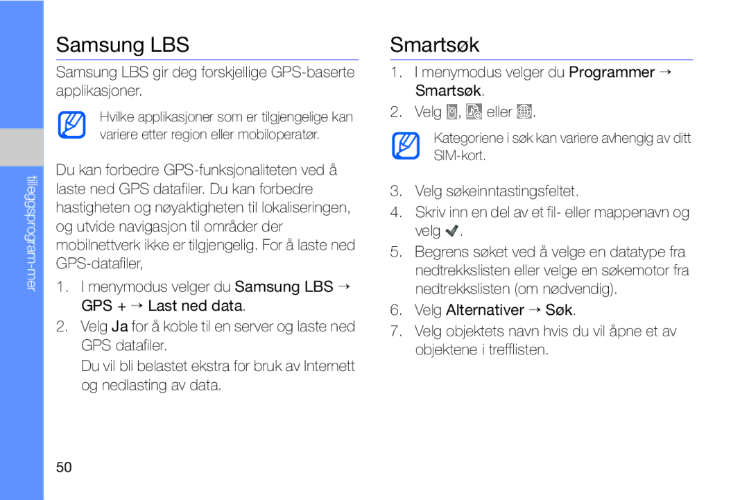 Samsung GT-I8910DKRXEE, GT-I8910DKPXEE manual Samsung LBS, Smartsøk 