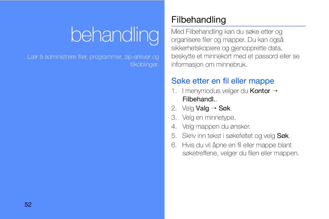 Samsung GT-I8910DKRXEE, GT-I8910DKPXEE manual Filbehandling, Søke etter en fil eller mappe 