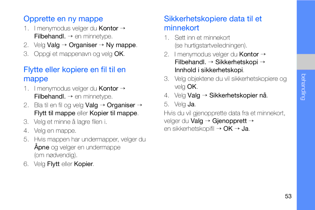 Samsung GT-I8910DKPXEE, GT-I8910DKRXEE manual Opprette en ny mappe, Flytte eller kopiere en fil til en mappe 