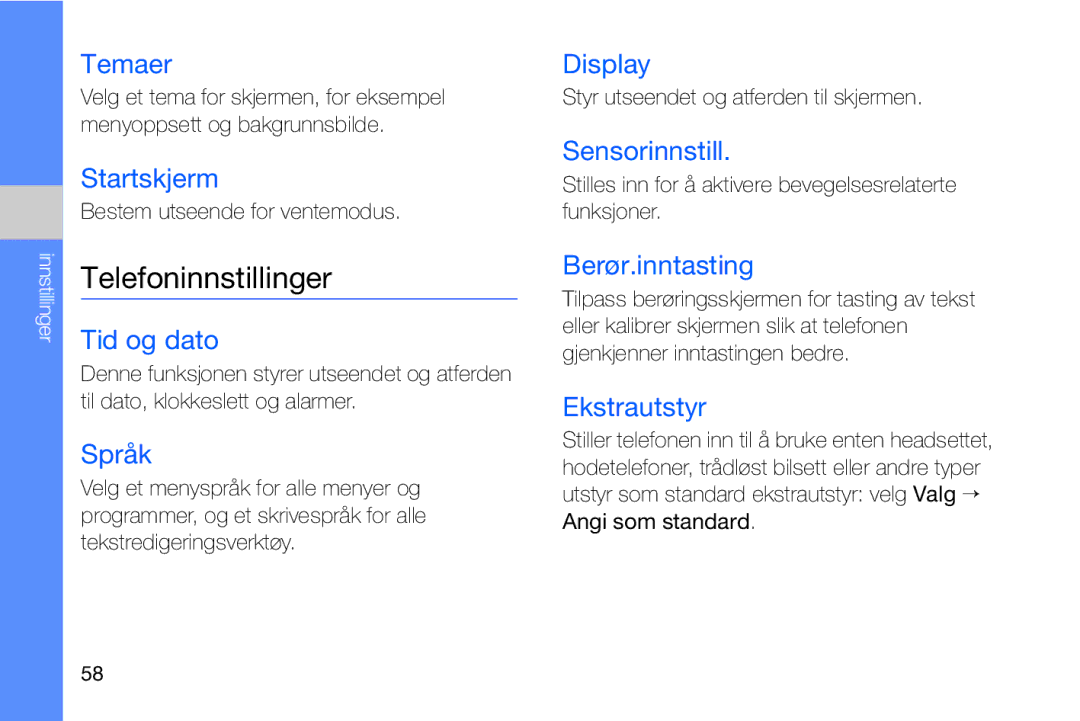 Samsung GT-I8910DKRXEE, GT-I8910DKPXEE manual Telefoninnstillinger 