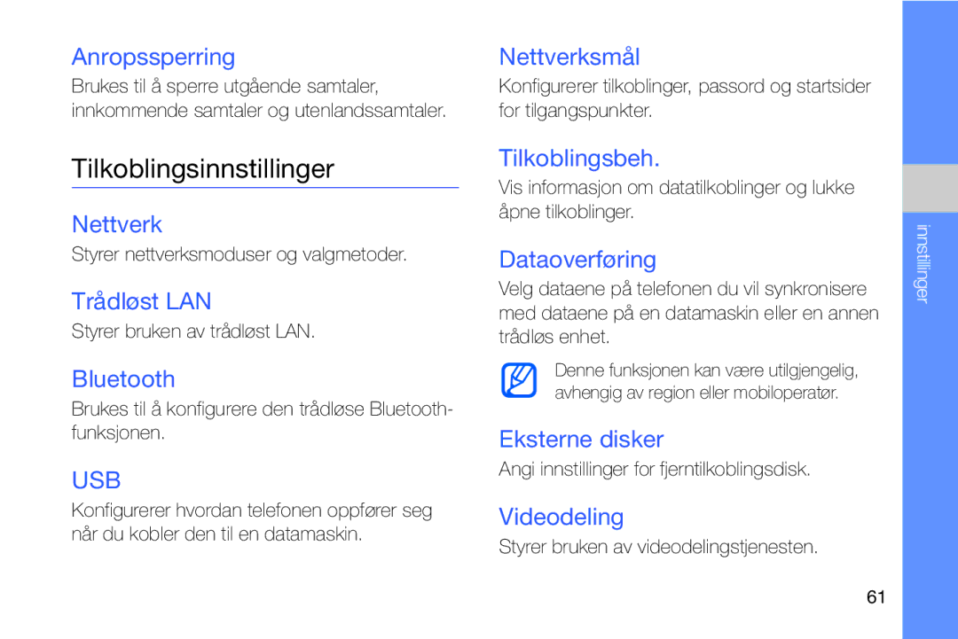 Samsung GT-I8910DKPXEE, GT-I8910DKRXEE manual Tilkoblingsinnstillinger 