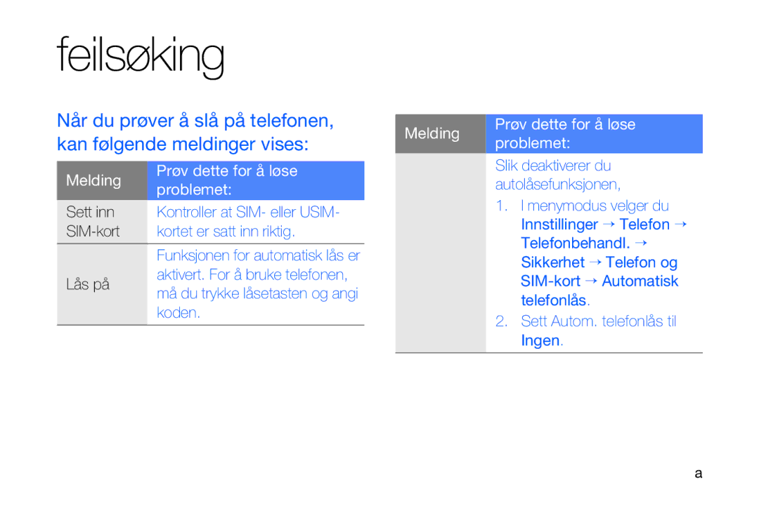 Samsung GT-I8910DKPXEE, GT-I8910DKRXEE manual Når du prøver å slå på telefonen, Kan følgende meldinger vises 