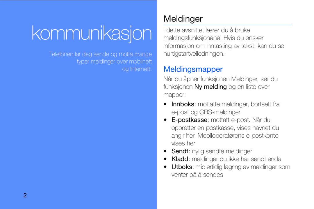Samsung GT-I8910DKRXEE, GT-I8910DKPXEE manual Meldinger, Meldingsmapper 
