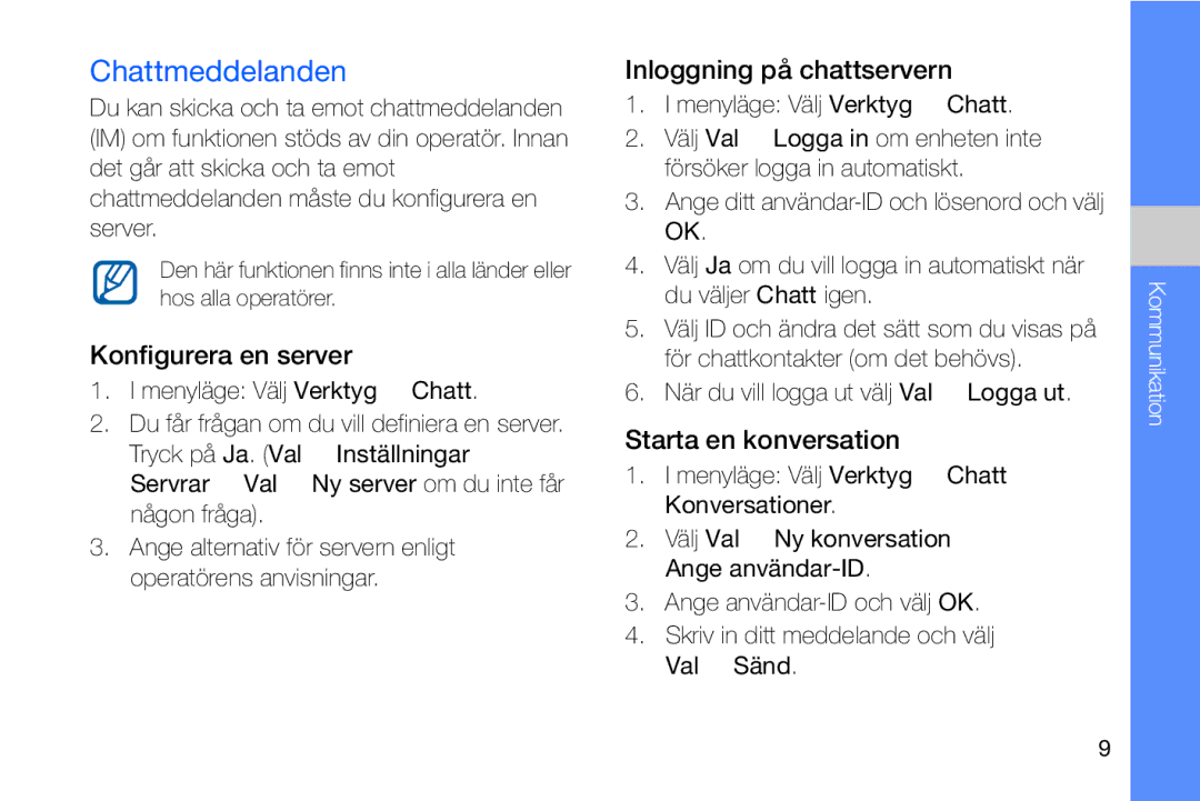 Samsung GT-I8910DKPXEE manual Chattmeddelanden, Konfigurera en server, Inloggning på chattservern, Starta en konversation 