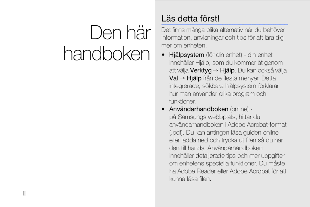 Samsung GT-I8910DKRXEE, GT-I8910DKPXEE manual Den här handboken, Läs detta först 