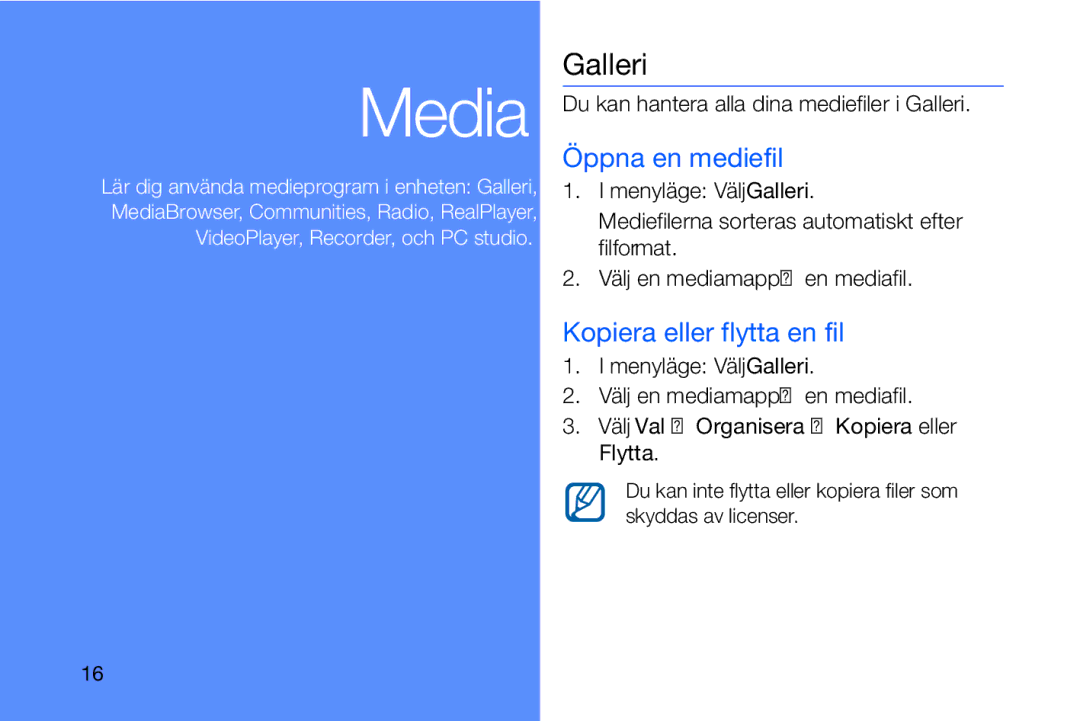 Samsung GT-I8910DKRXEE, GT-I8910DKPXEE manual Galleri, Öppna en mediefil, Kopiera eller flytta en fil 
