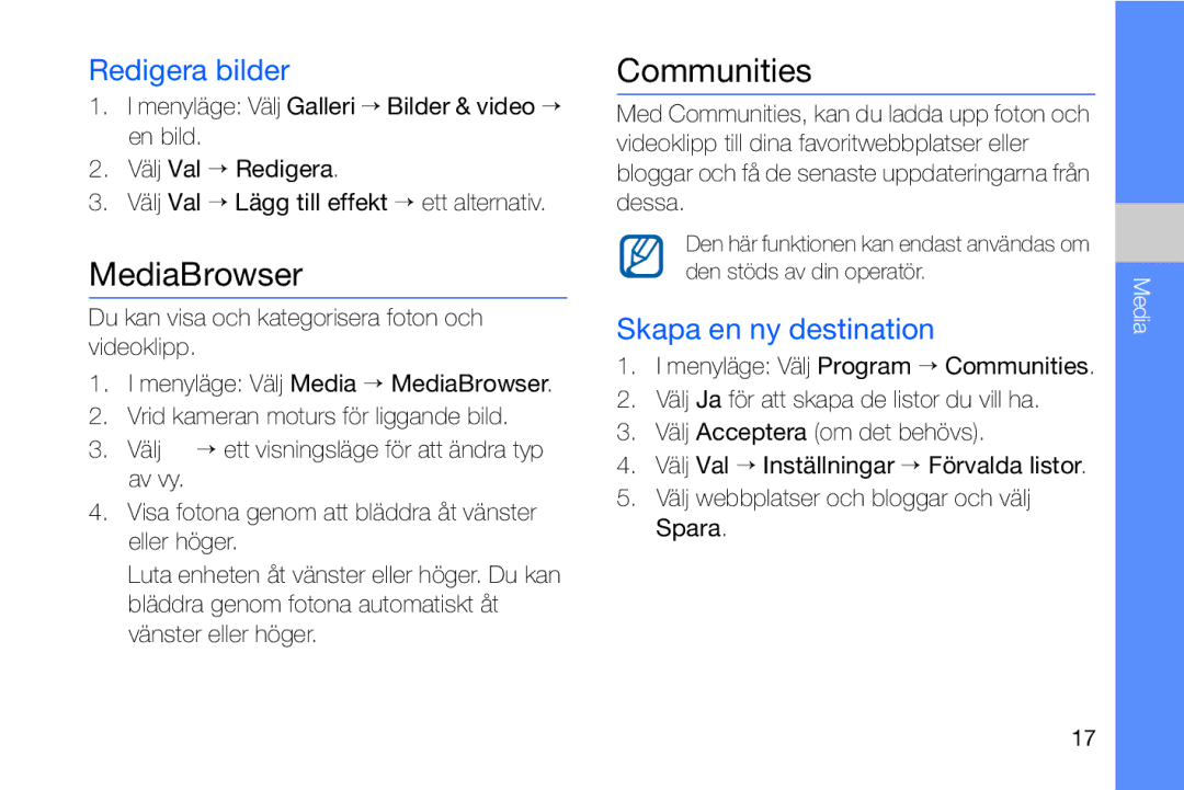Samsung GT-I8910DKPXEE, GT-I8910DKRXEE manual MediaBrowser, Communities, Redigera bilder, Skapa en ny destination 