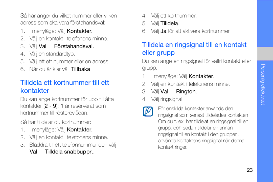 Samsung GT-I8910DKPXEE Tilldela ett kortnummer till ett kontakter, Tilldela en ringsignal till en kontakt eller grupp 