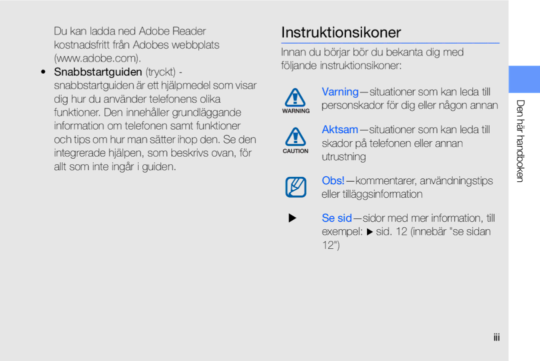 Samsung GT-I8910DKPXEE, GT-I8910DKRXEE manual Instruktionsikoner 