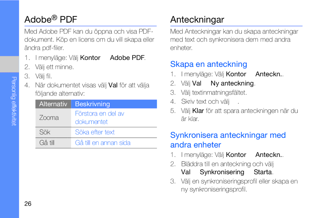 Samsung GT-I8910DKRXEE, GT-I8910DKPXEE manual Anteckningar, Skapa en anteckning, Synkronisera anteckningar med andra enheter 