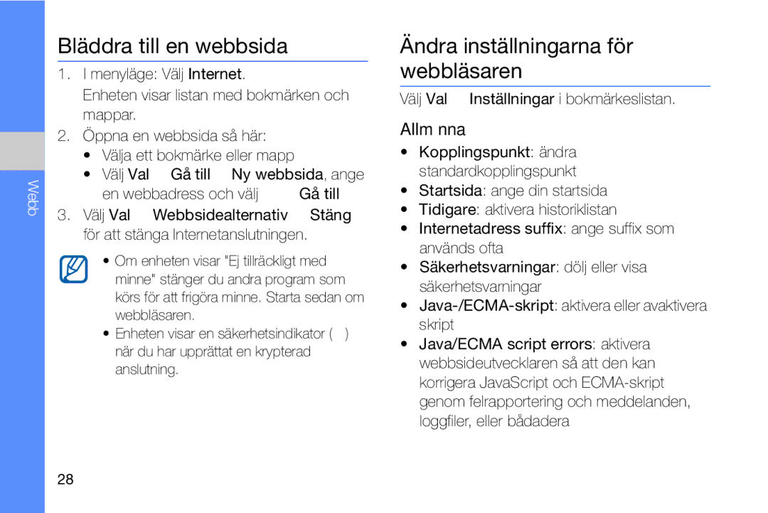 Samsung GT-I8910DKRXEE, GT-I8910DKPXEE manual Bläddra till en webbsida, Ändra inställningarna för webbläsaren, Allmänna 