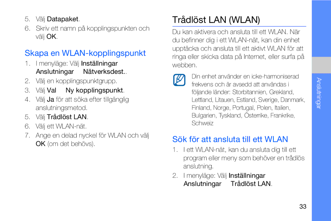 Samsung GT-I8910DKPXEE, GT-I8910DKRXEE Trådlöst LAN Wlan, Skapa en WLAN-kopplingspunkt, Sök för att ansluta till ett Wlan 