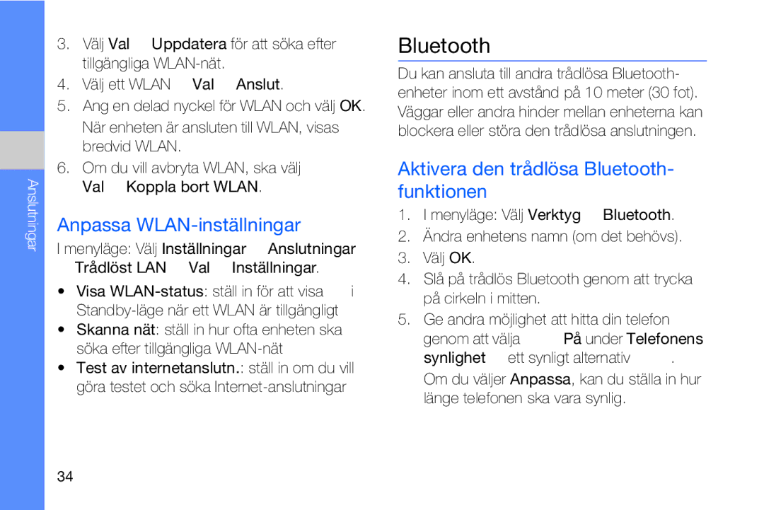 Samsung GT-I8910DKRXEE, GT-I8910DKPXEE manual Anpassa WLAN-inställningar, Aktivera den trådlösa Bluetooth- funktionen 