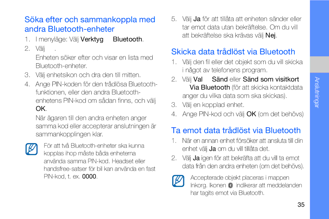 Samsung GT-I8910DKPXEE manual Söka efter och sammankoppla med andra Bluetooth-enheter, Skicka data trådlöst via Bluetooth 