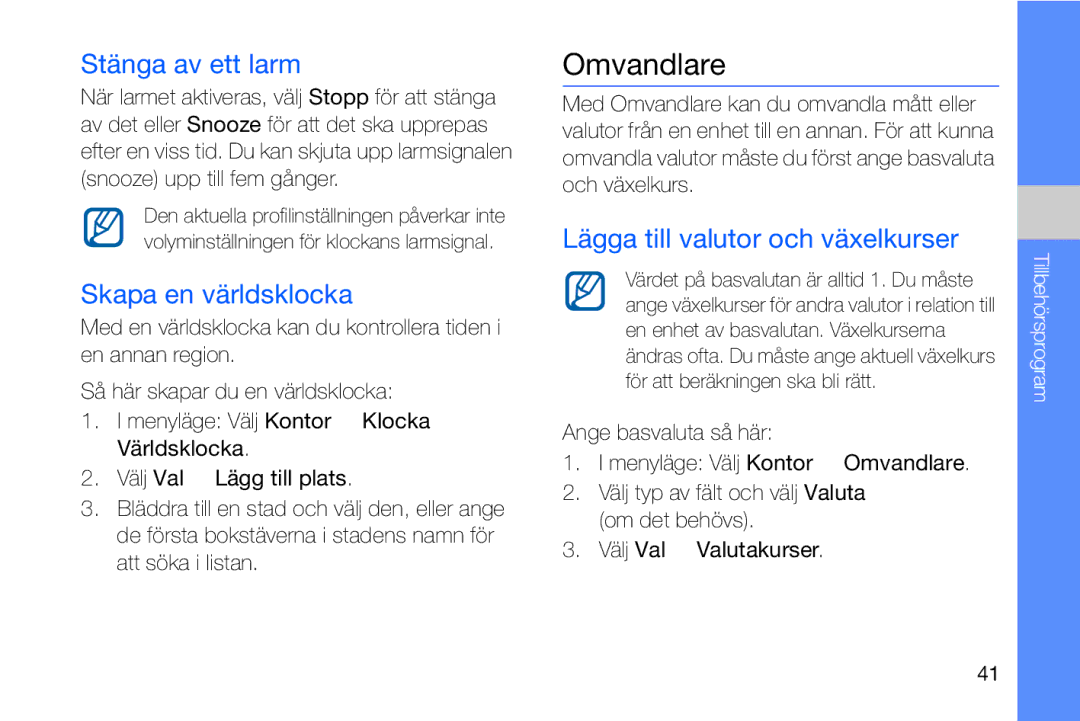 Samsung GT-I8910DKPXEE manual Omvandlare, Stänga av ett larm, Skapa en världsklocka, Lägga till valutor och växelkurser 