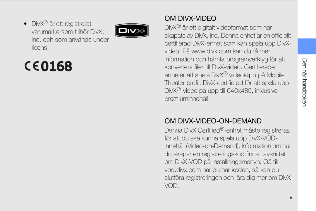 Samsung GT-I8910DKPXEE, GT-I8910DKRXEE manual Om Divx-Video Om Divx-Video-On-Demand 