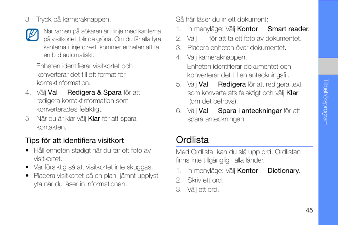 Samsung GT-I8910DKPXEE, GT-I8910DKRXEE manual Ordlista, Tips för att identifiera visitkort, Tryck på kameraknappen 