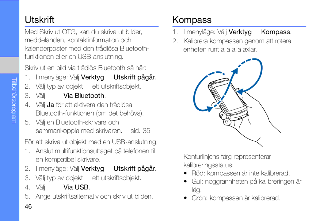 Samsung GT-I8910DKRXEE, GT-I8910DKPXEE manual Utskrift, Kompass 