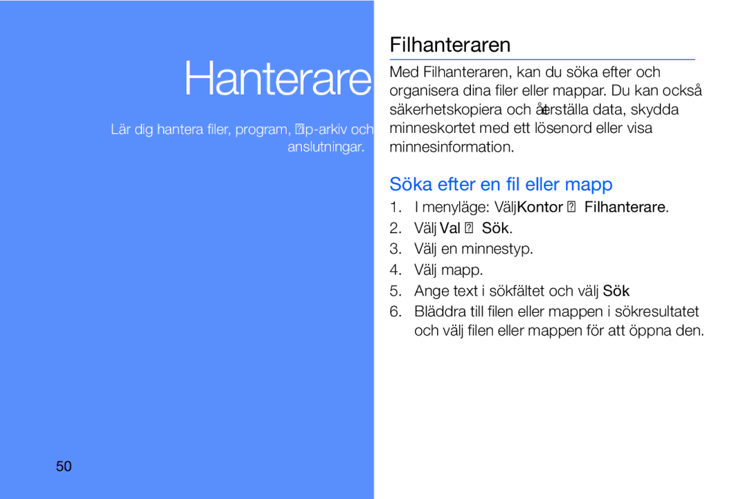 Samsung GT-I8910DKRXEE, GT-I8910DKPXEE manual Filhanteraren, Söka efter en fil eller mapp 