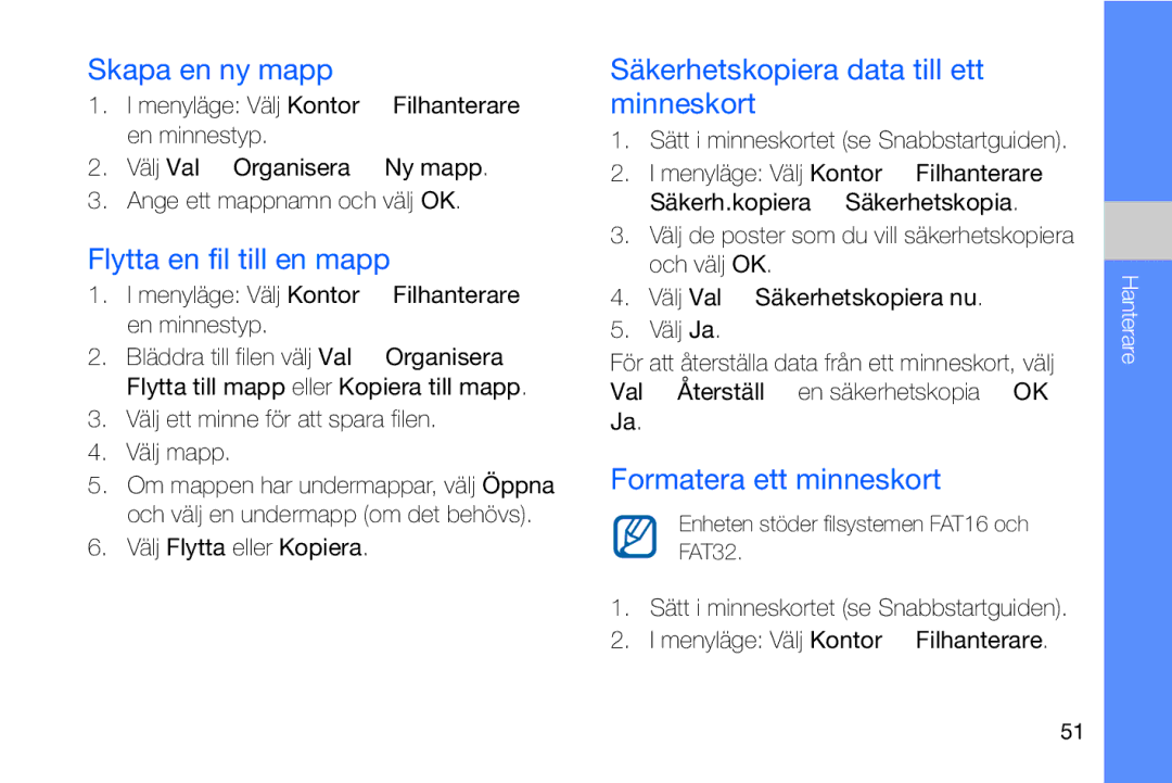 Samsung GT-I8910DKPXEE manual Skapa en ny mapp, Flytta en fil till en mapp, Säkerhetskopiera data till ett minneskort 