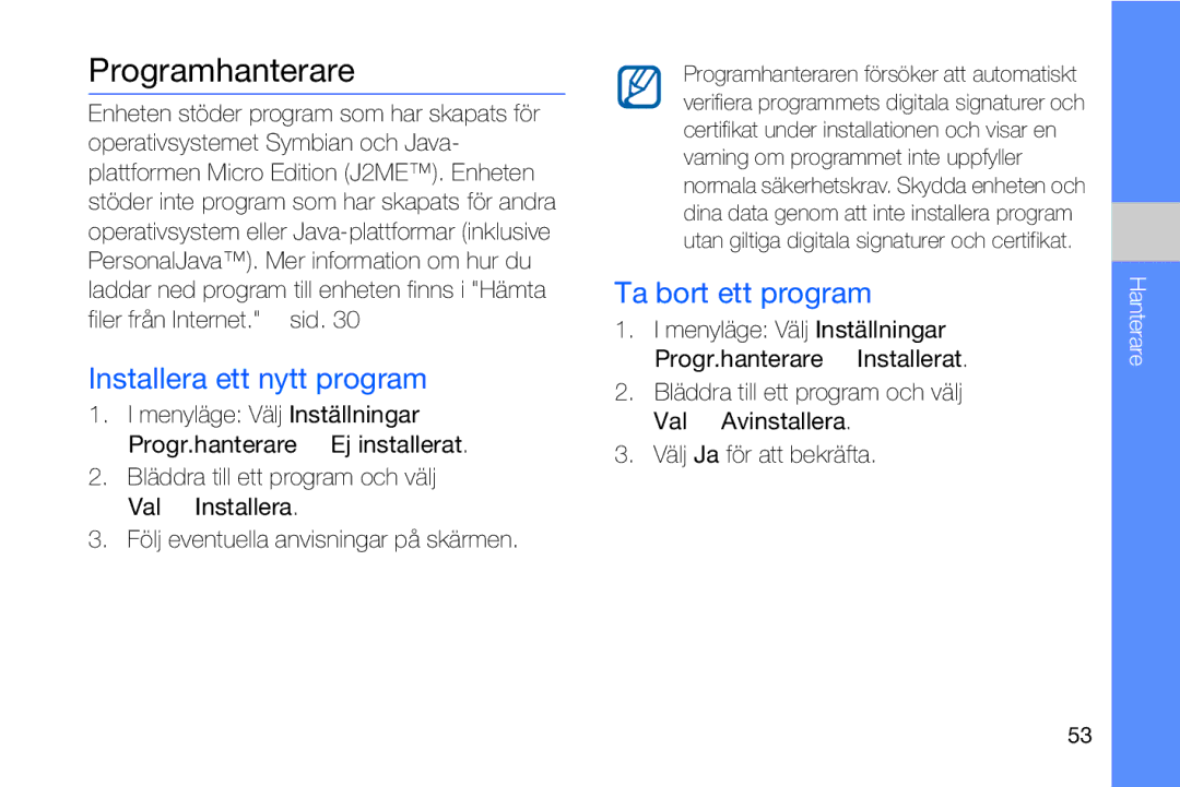 Samsung GT-I8910DKPXEE, GT-I8910DKRXEE manual Programhanterare, Installera ett nytt program, Ta bort ett program 