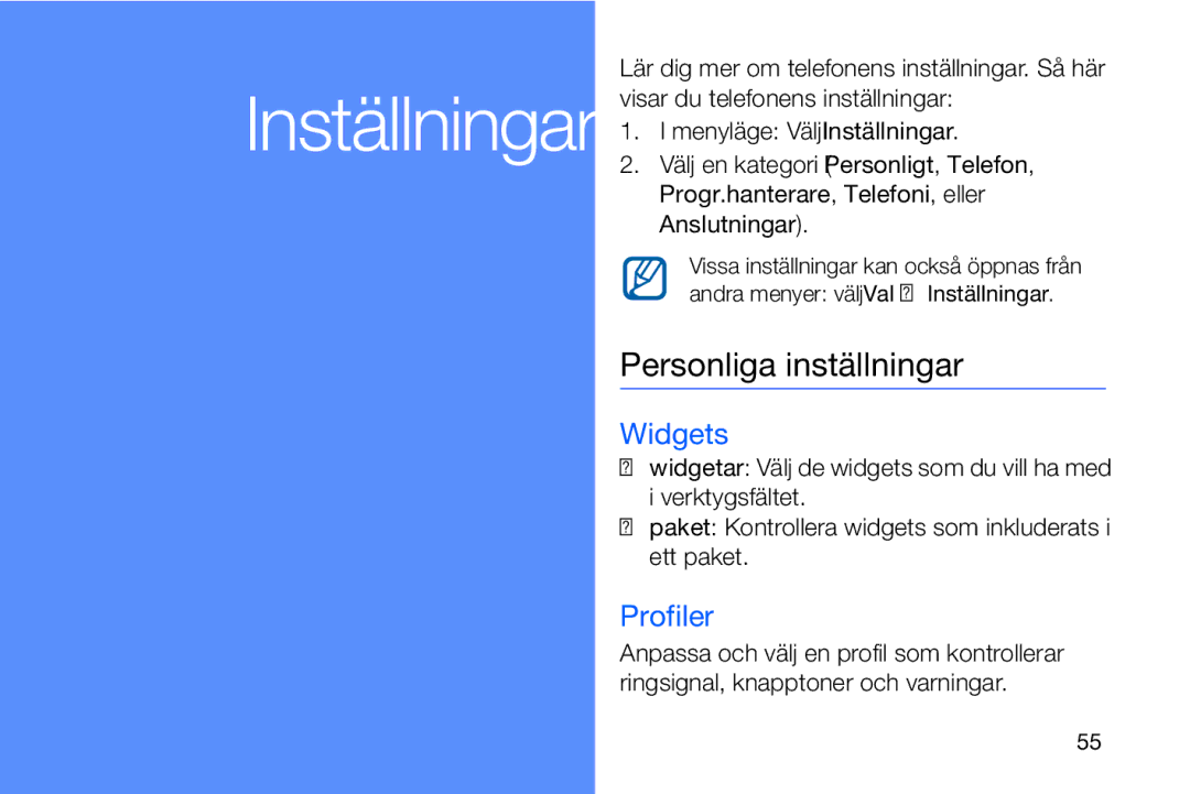 Samsung GT-I8910DKPXEE, GT-I8910DKRXEE manual Personliga inställningar, Widgets, Profiler 