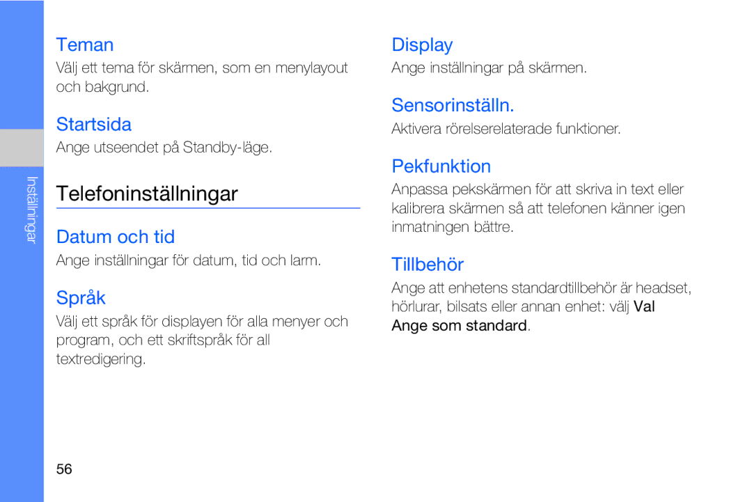 Samsung GT-I8910DKRXEE, GT-I8910DKPXEE manual Telefoninställningar 