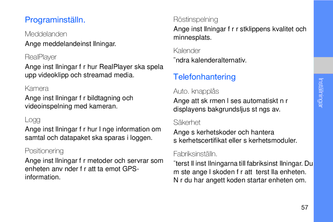 Samsung GT-I8910DKPXEE, GT-I8910DKRXEE manual Programinställn, Telefonhantering 