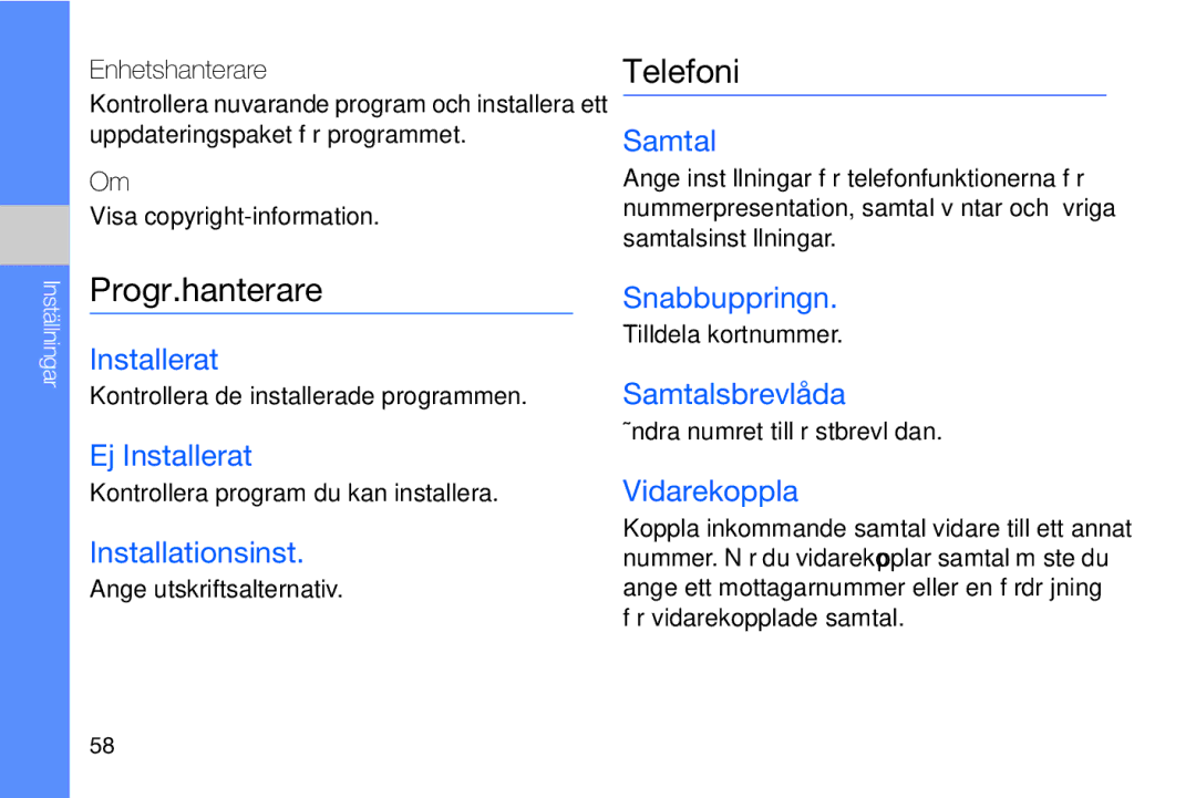 Samsung GT-I8910DKRXEE, GT-I8910DKPXEE manual Progr.hanterare, Telefoni 