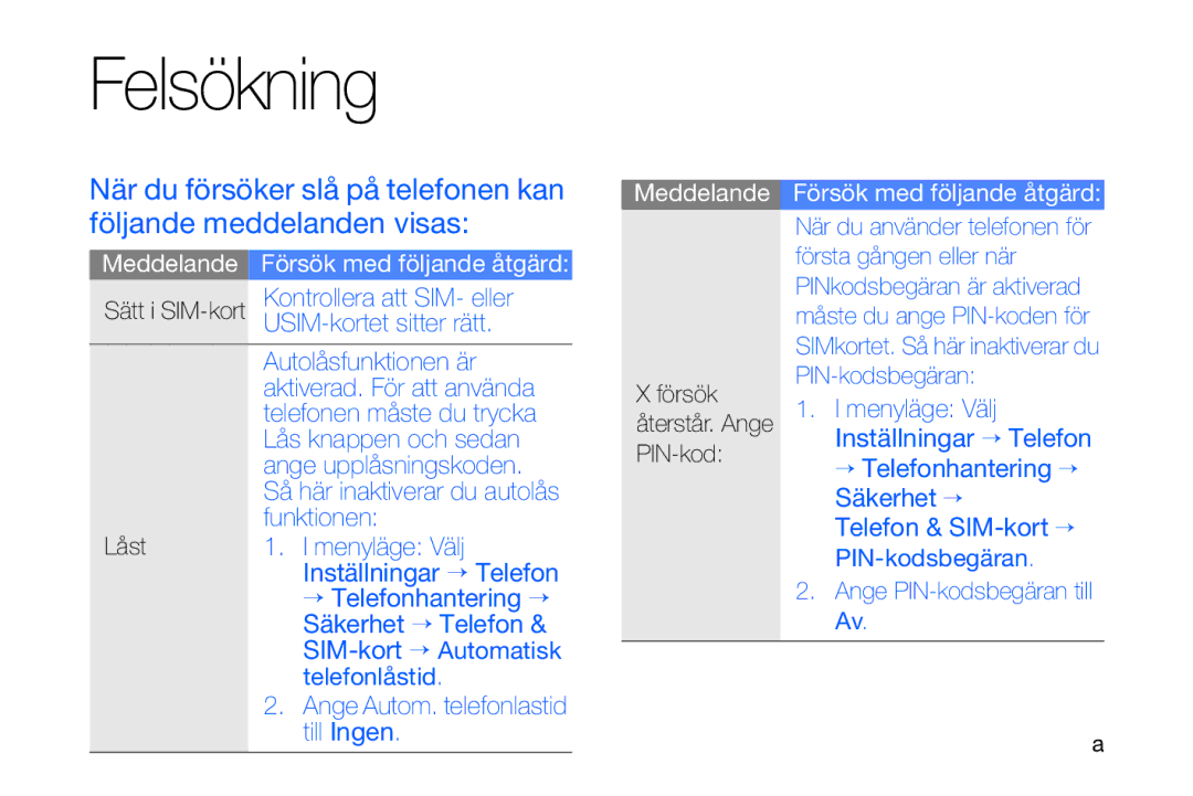 Samsung GT-I8910DKPXEE, GT-I8910DKRXEE manual Felsökning 