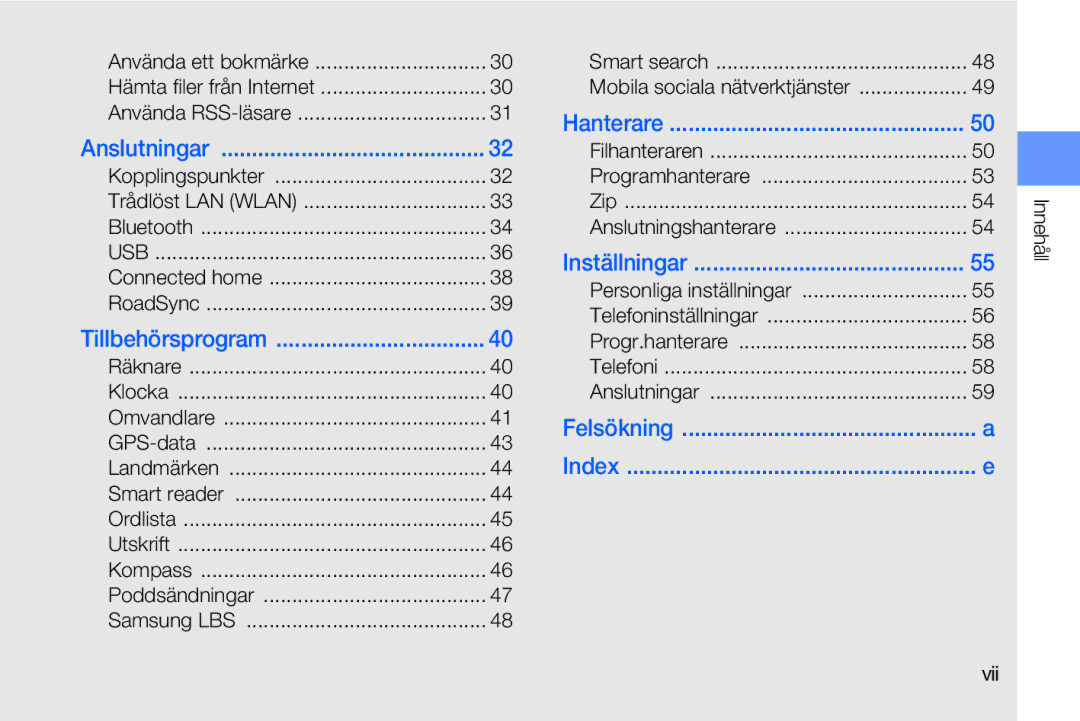 Samsung GT-I8910DKPXEE, GT-I8910DKRXEE manual Innehåll Vii, Usb 