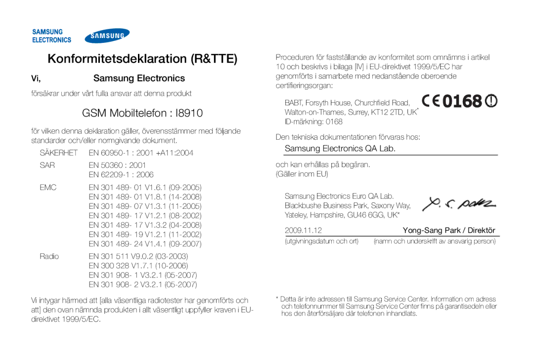 Samsung GT-I8910DKRXEE, GT-I8910DKPXEE manual Konformitetsdeklaration R&TTE, GSM Mobiltelefon 