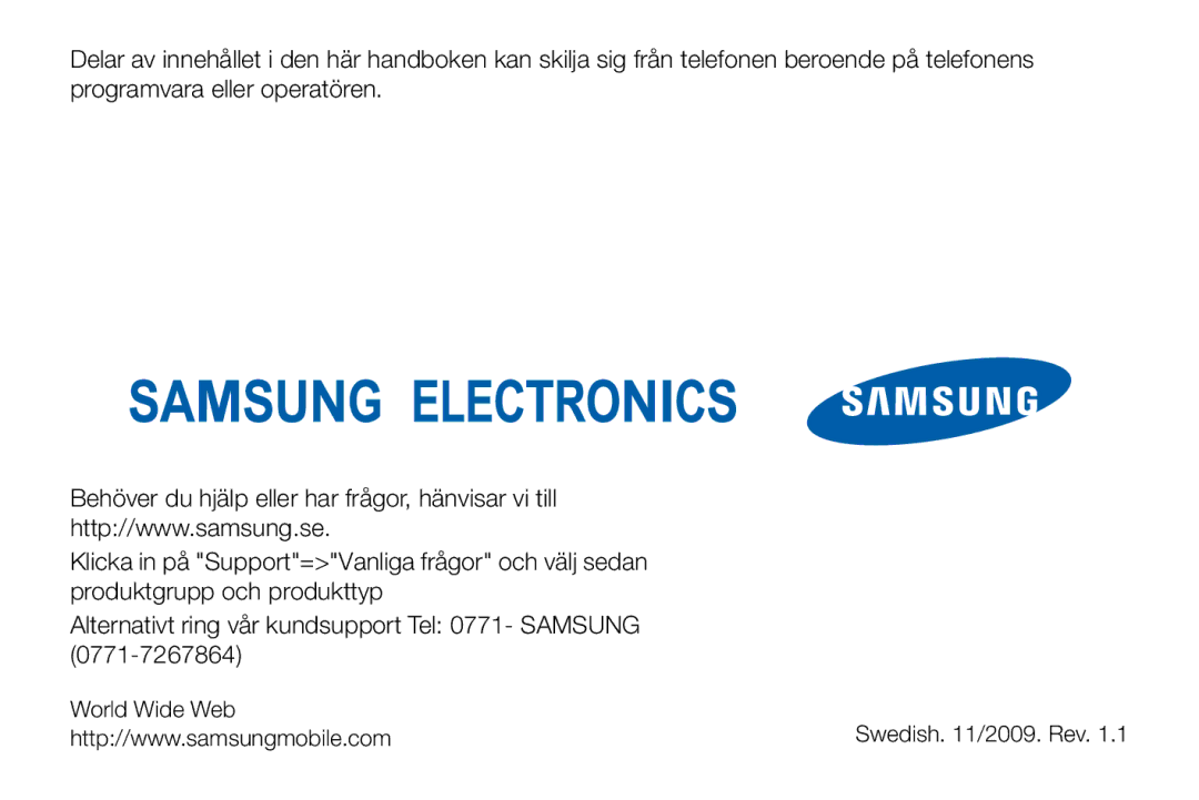 Samsung GT-I8910DKPXEE, GT-I8910DKRXEE manual Swedish /2009. Rev 