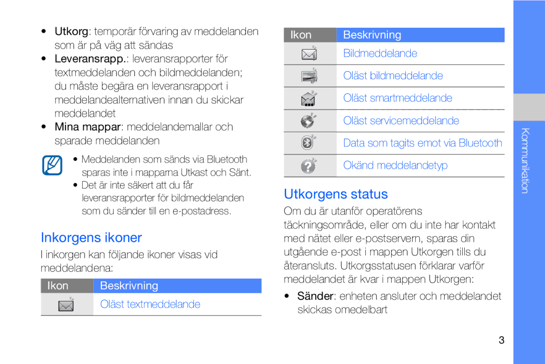 Samsung GT-I8910DKPXEE manual Inkorgens ikoner, Utkorgens status, Mina mappar meddelandemallar och sparade meddelanden 