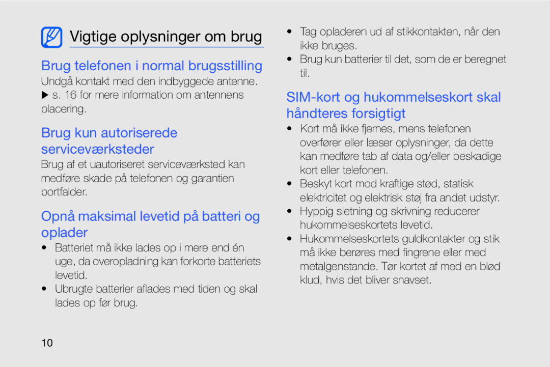 Samsung GT-I8910DKRXEE, GT-I8910DKPXEE manual Vigtige oplysninger om brug, Brug telefonen i normal brugsstilling 