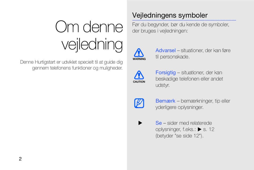 Samsung GT-I8910DKRXEE, GT-I8910DKPXEE manual Om denne vejledning, Vejledningens symboler 