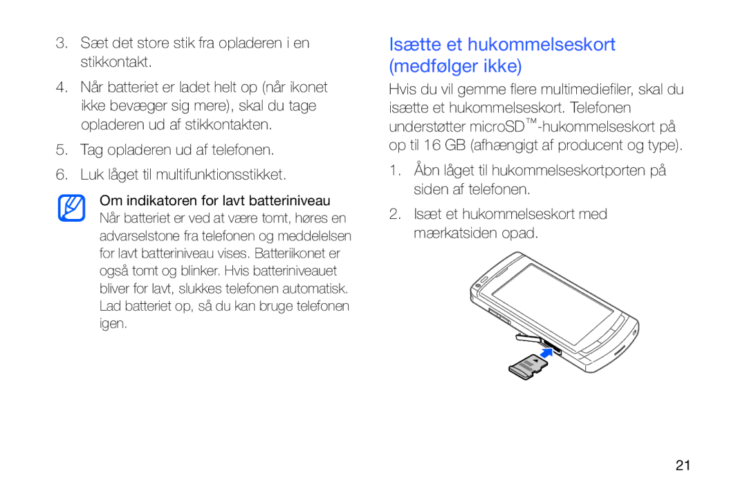 Samsung GT-I8910DKPXEE, GT-I8910DKRXEE manual Isætte et hukommelseskort medfølger ikke 