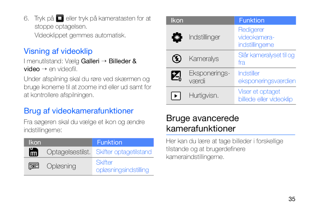 Samsung GT-I8910DKPXEE manual Bruge avancerede kamerafunktioner, Visning af videoklip, Brug af videokamerafunktioner 