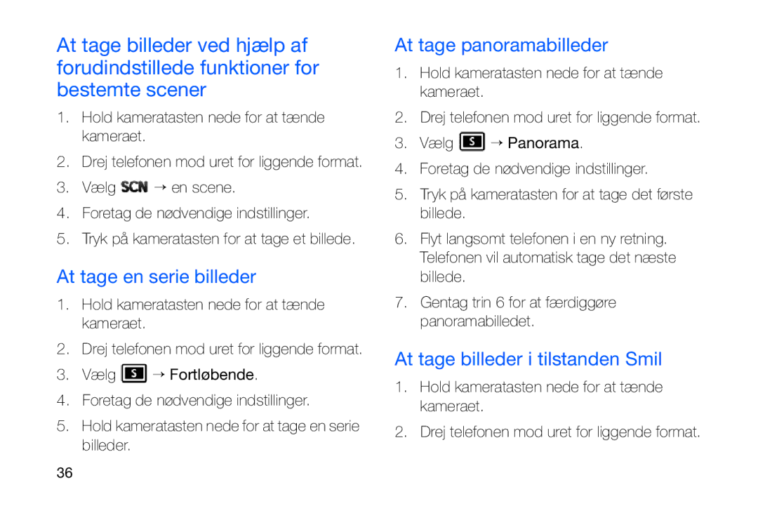 Samsung GT-I8910DKRXEE manual At tage en serie billeder, At tage panoramabilleder, At tage billeder i tilstanden Smil 