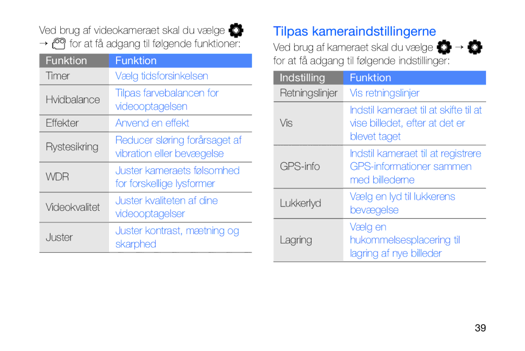 Samsung GT-I8910DKPXEE, GT-I8910DKRXEE manual Tilpas kameraindstillingerne, Hvidbalance, Rystesikring, Videokvalitet 