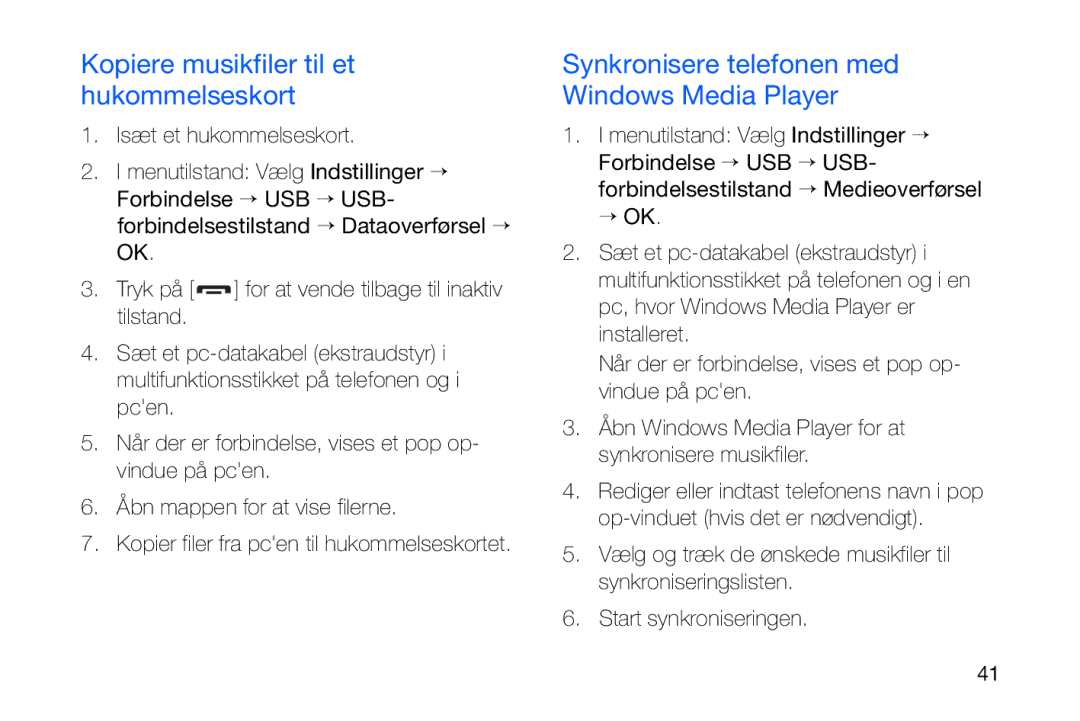 Samsung GT-I8910DKPXEE manual Kopiere musikfiler til et hukommelseskort, Synkronisere telefonen med Windows Media Player 