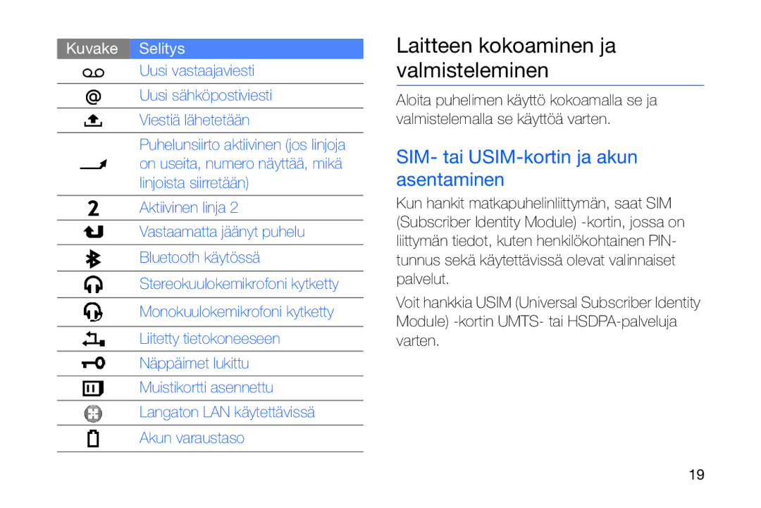 Samsung GT-I8910DKPXEE Laitteen kokoaminen ja valmisteleminen, SIM- tai USIM-kortin ja akun asentaminen, Kuvake Selitys 