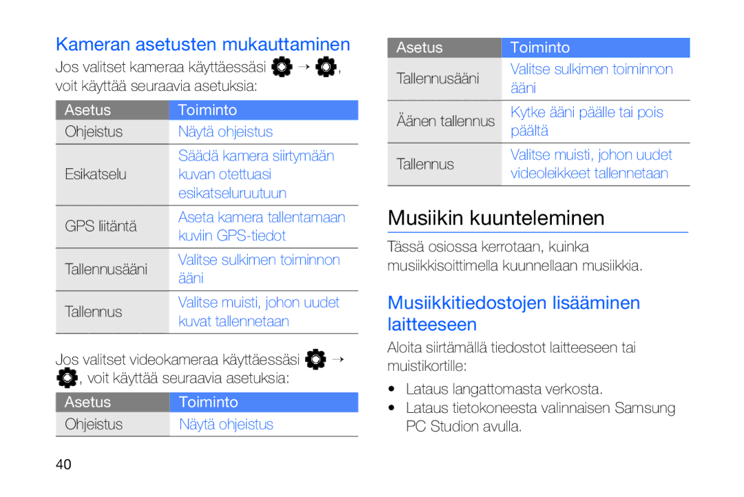 Samsung GT-I8910DKRXEE Musiikin kuunteleminen, Kameran asetusten mukauttaminen, Musiikkitiedostojen lisääminen laitteeseen 