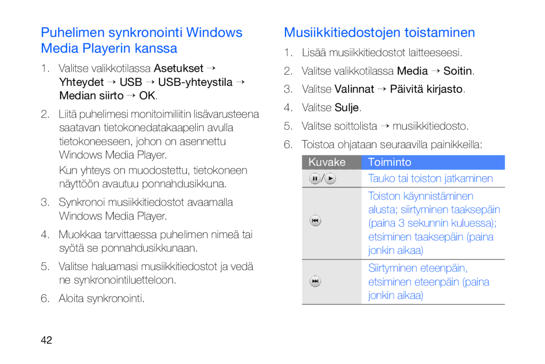 Samsung GT-I8910DKRXEE manual Puhelimen synkronointi Windows Media Playerin kanssa, Musiikkitiedostojen toistaminen 