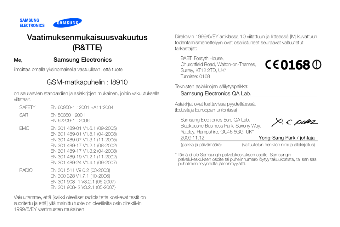 Samsung GT-I8910DKRXEE, GT-I8910DKPXEE manual Tte, GSM-matkapuhelin 